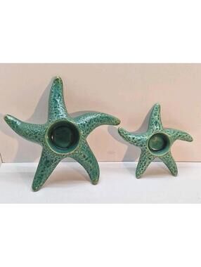 Ceramic Teal White Glazed Spongewear Starfish Candle Holders 9 Inches & 6 Inches